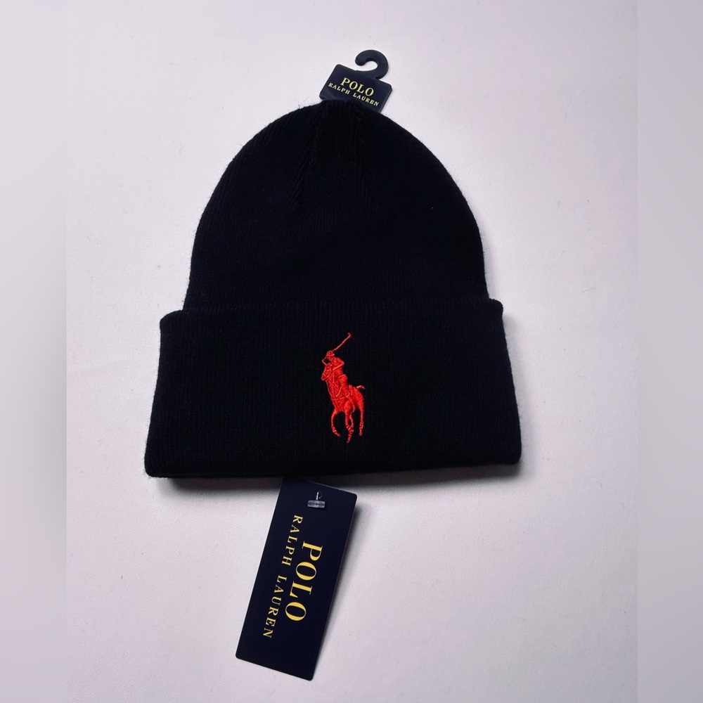 NWT Polo Ralph Lauren Cotton Big Pony Black Cuff Knit Beanie Hat